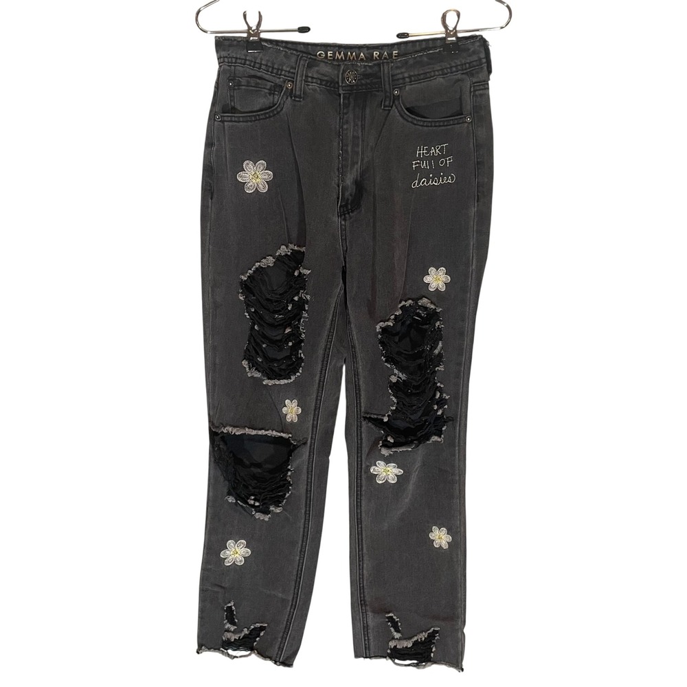 Gemma Rae Heart Full of Daisies Distressed High Rise Jeans Black 7 Fairy Grunge